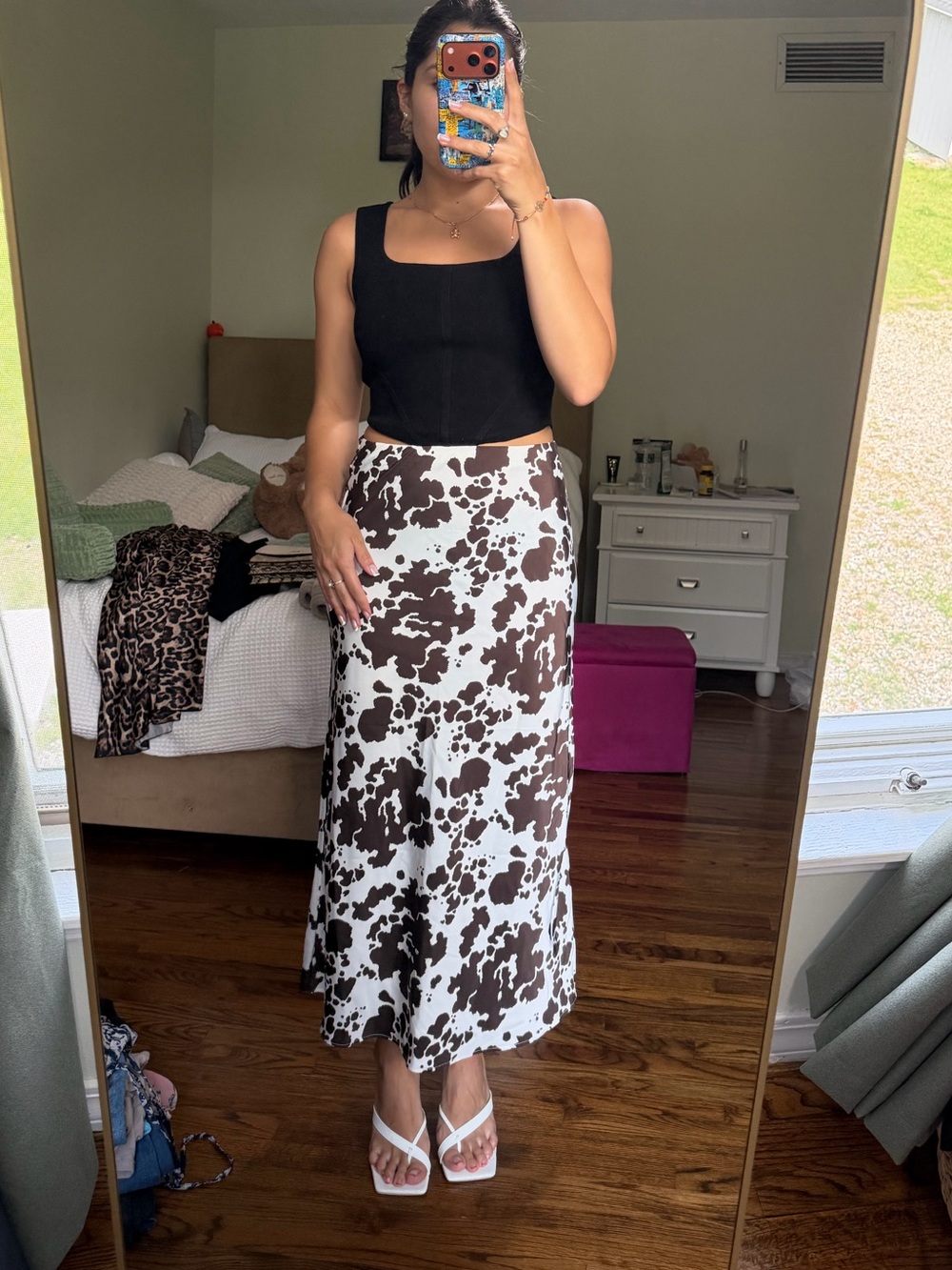Sincerely Jules Women's Brown and White Cowprint Midi Skirt